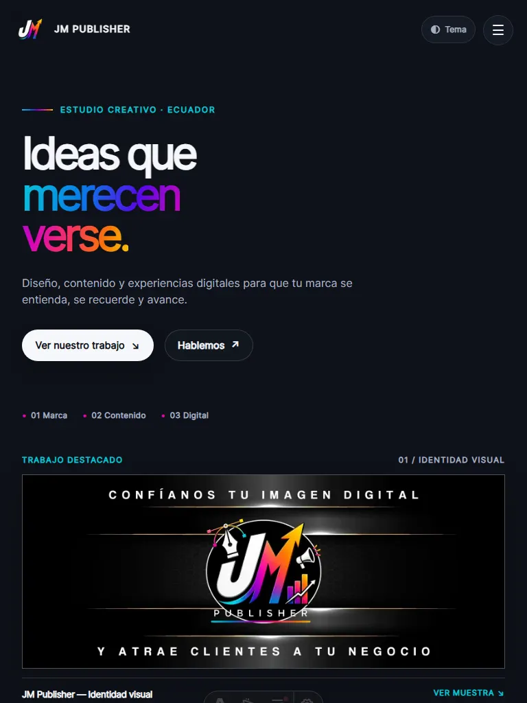 Captura real de la Home de JM Publisher en tableta